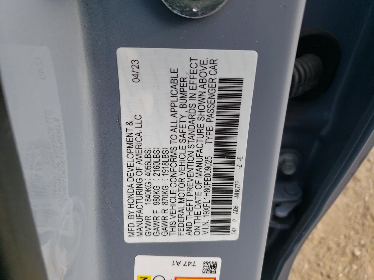 2023 HONDA CIVIC SPORT TOURING VIN:19XFL1H80PE009025