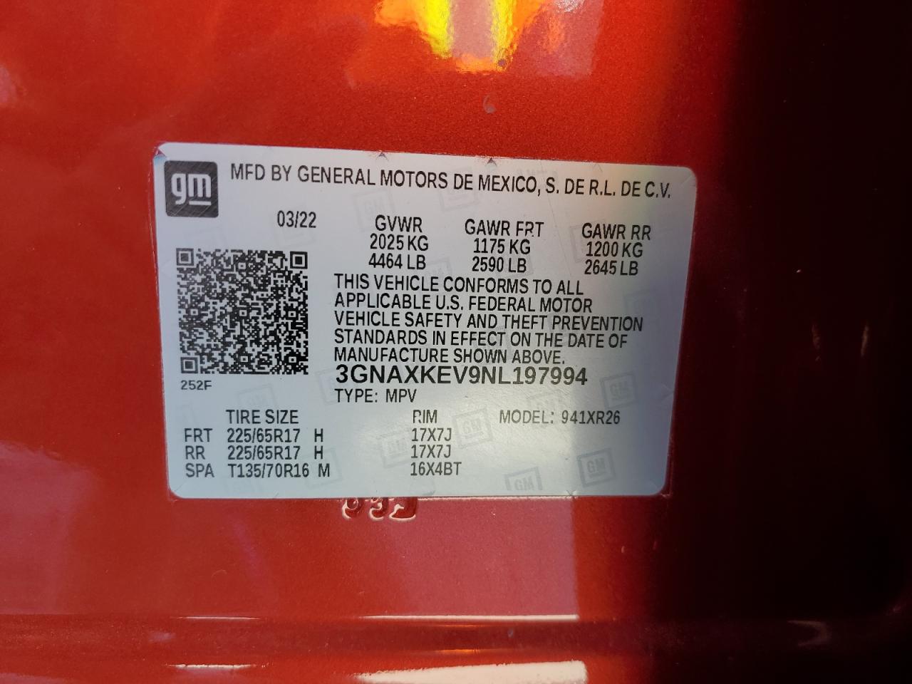 2022 CHEVROLET EQUINOX LT VIN:3GNAXKEV9NL197994