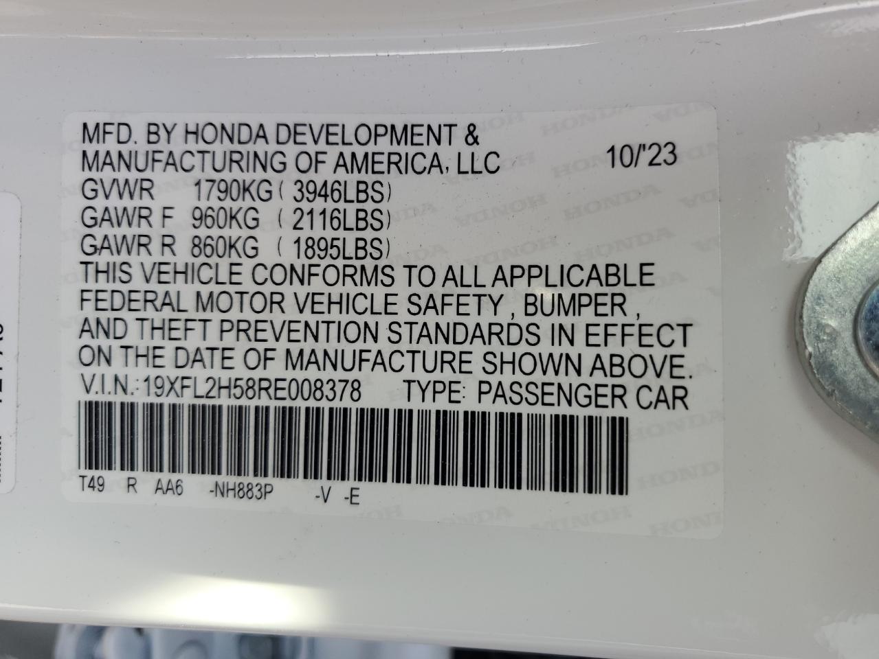 2024 HONDA CIVIC LX VIN:19XFL2H58RE008378