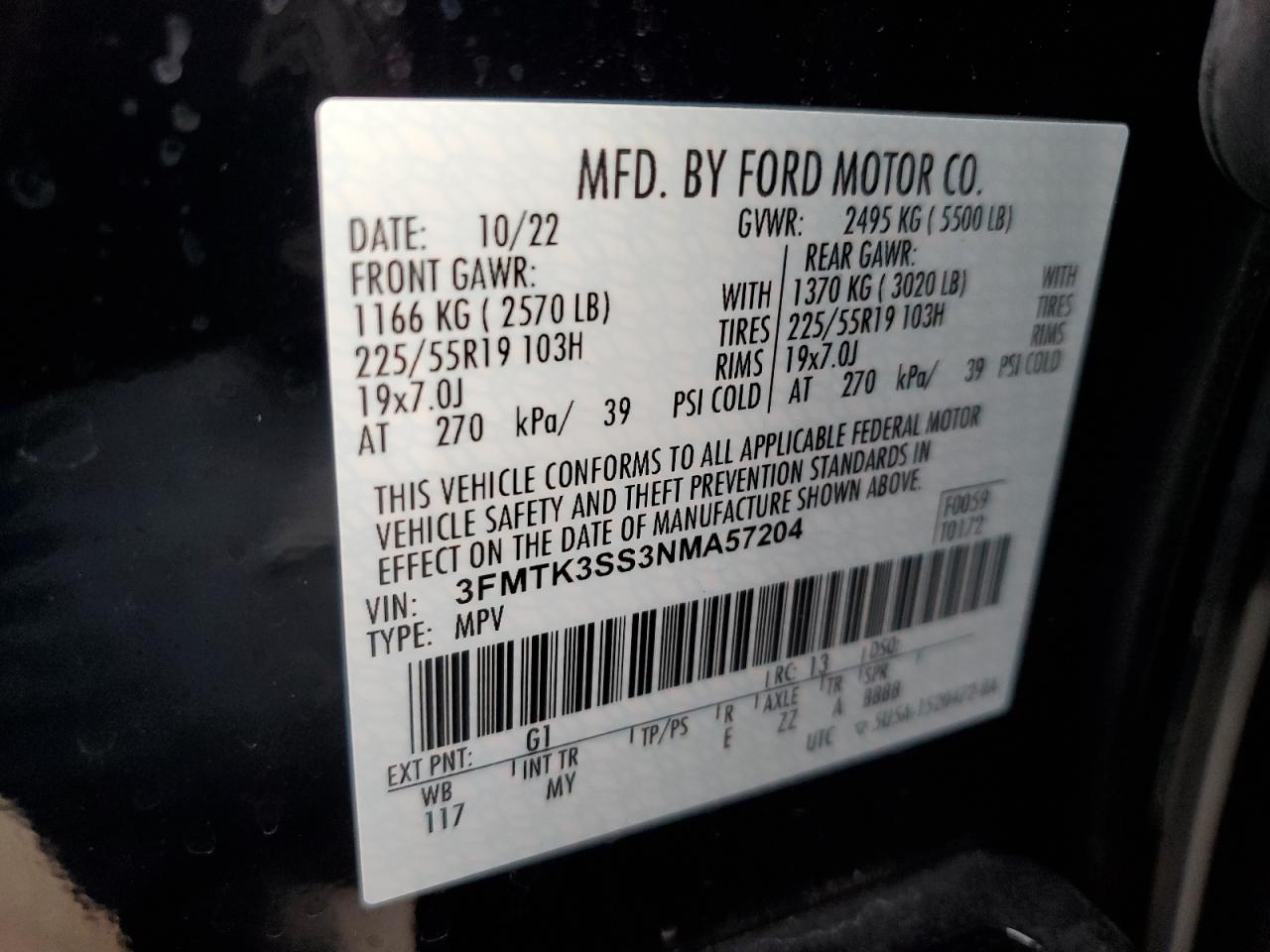 2022 FORD MUSTANG MACH-E PREMIUM VIN:3FMTK3SS3NMA57204