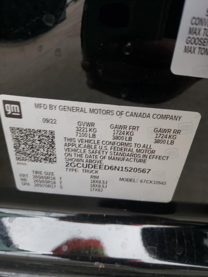 2022 CHEVROLET SILVERADO K1500 RST VIN:2GCUDEED6N1520567