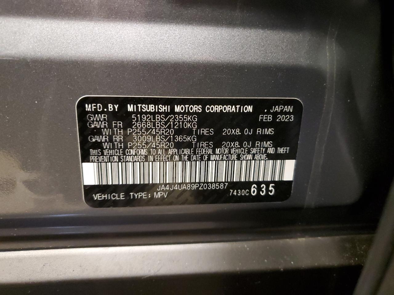 2023 MITSUBISHI OUTLANDER SE VIN:JA4J4UA89PZ038587