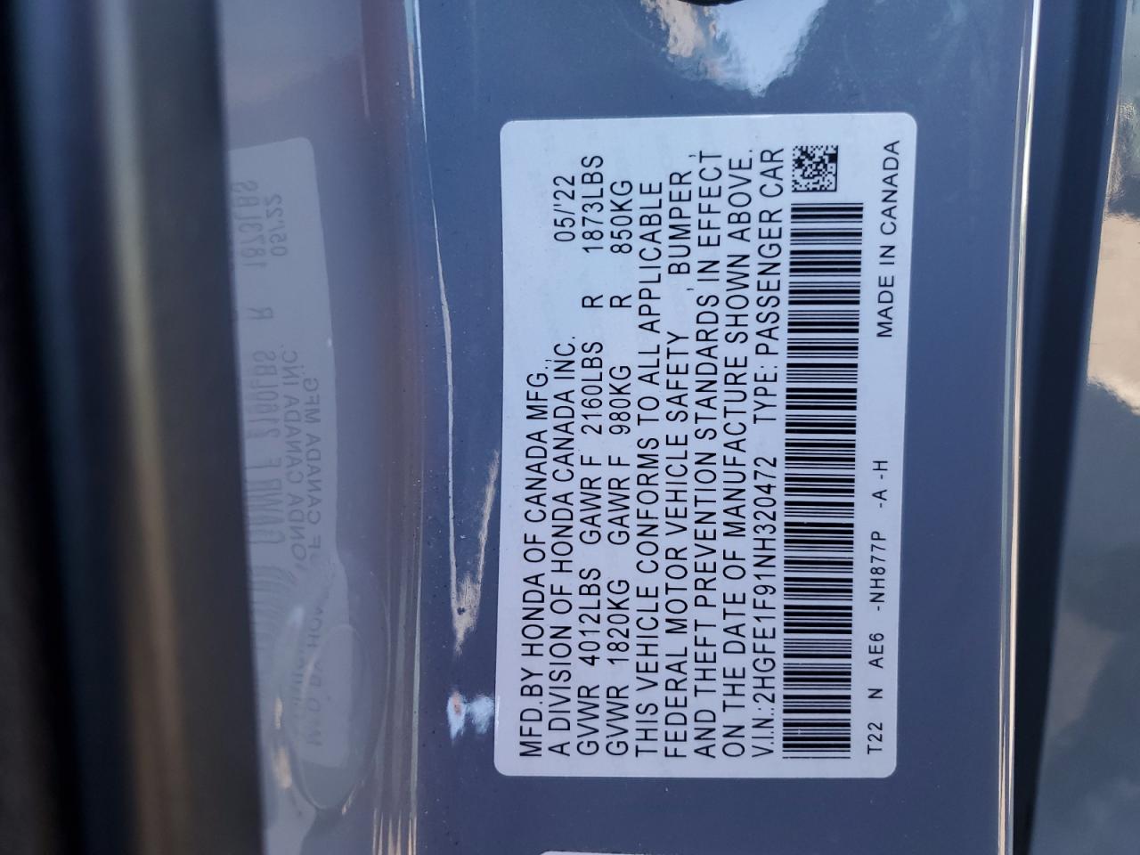 2022 HONDA CIVIC TOURING VIN:2HGFE1F91NH320472