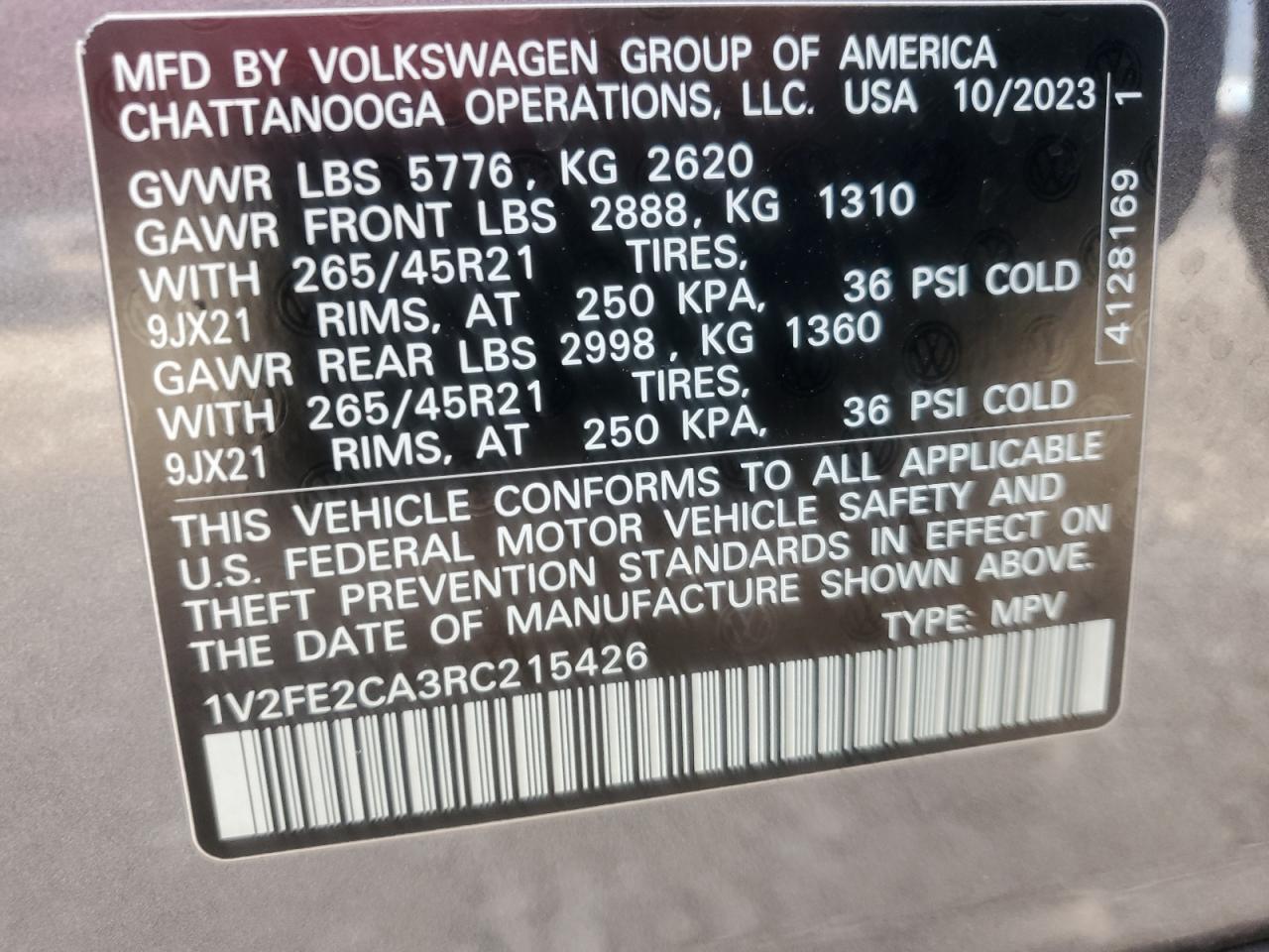 2024 VOLKSWAGEN ATLAS CROSS SPORT SEL PREMIUM R-LINE VIN:1V2FE2CA3RC215426