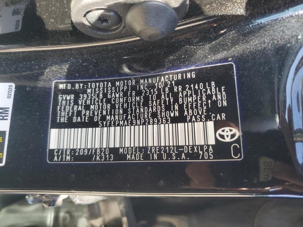 2022 TOYOTA COROLLA LE VIN:5YFEPMAE9NP289363