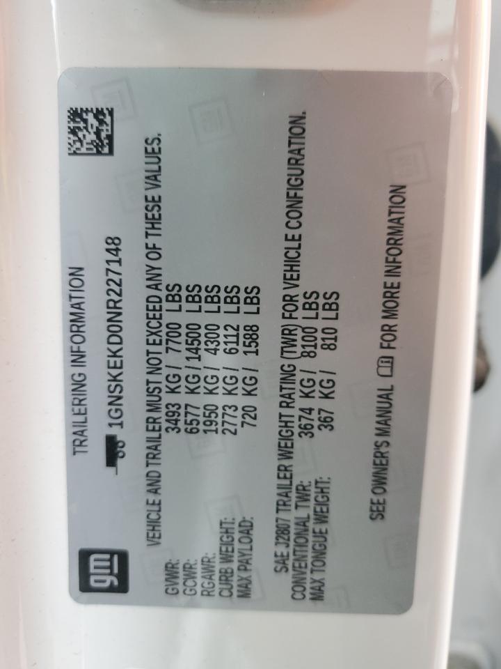 2022 CHEVROLET SUBURBAN K1500 RST VIN:1GNSKEKD0NR227148