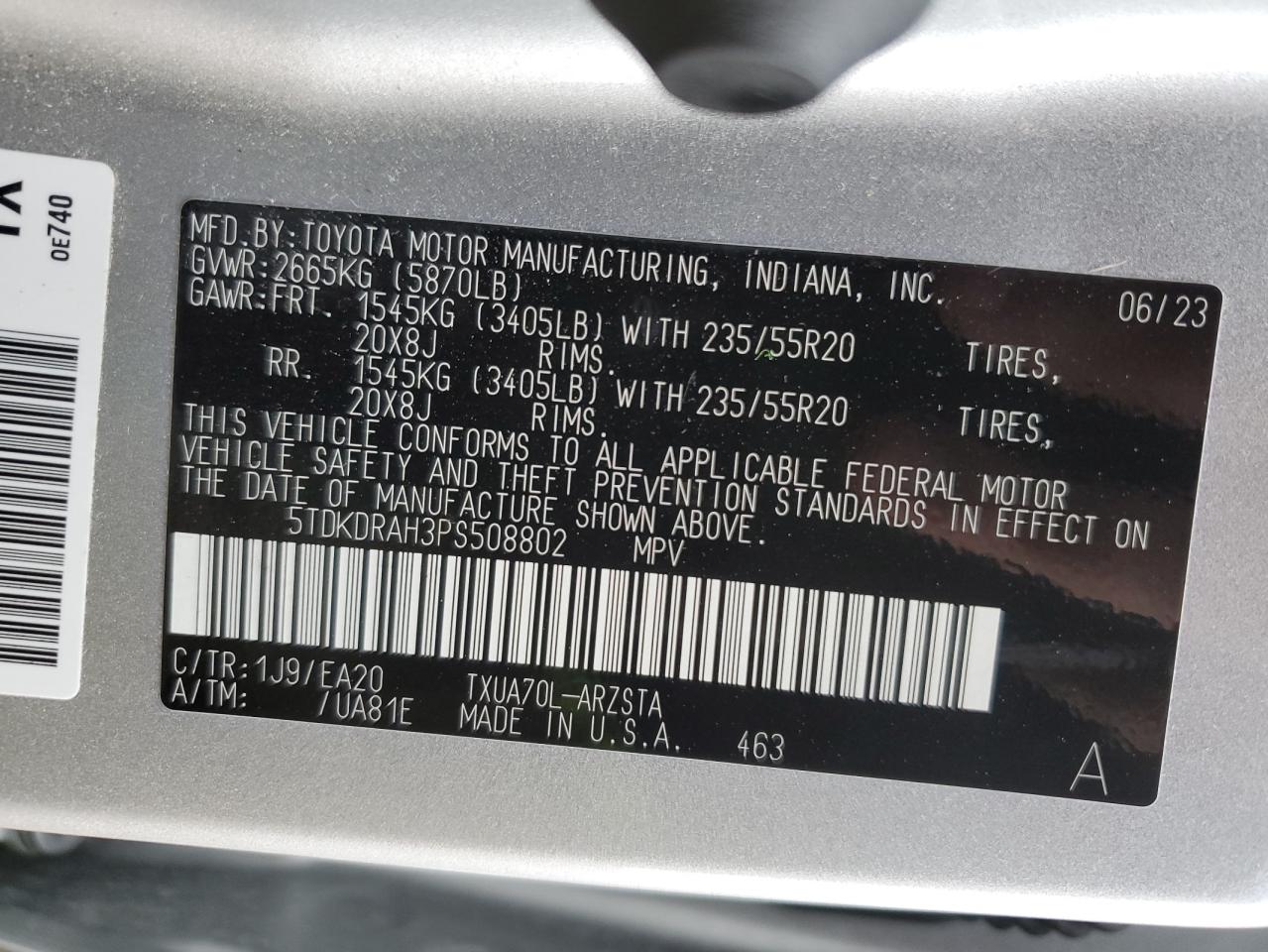 2023 TOYOTA HIGHLANDER L VIN:5TDKDRAH3PS508802