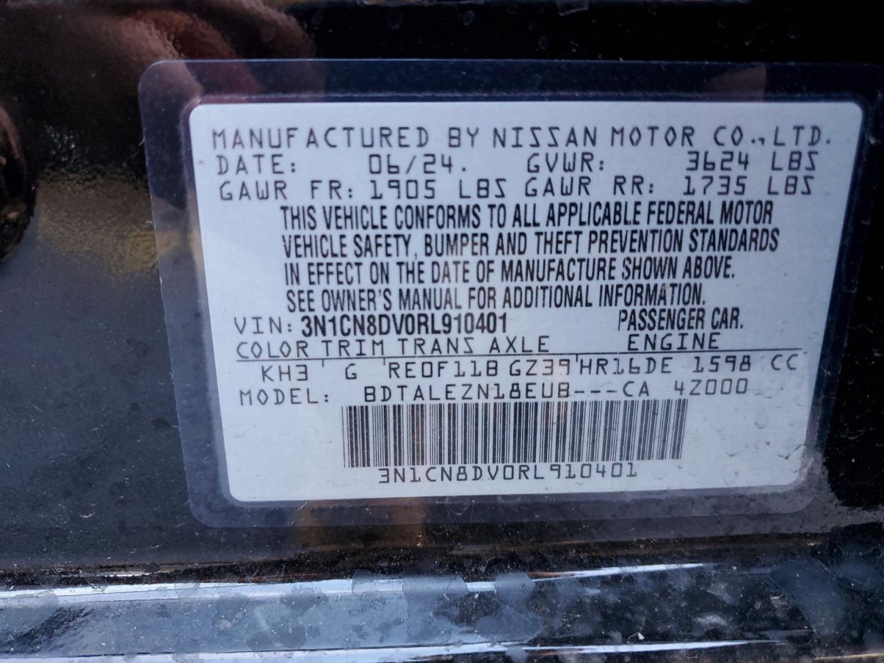 2024 NISSAN VERSA S VIN:3N1CN8DV0RL910401
