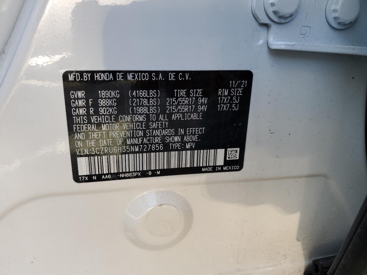 2022 HONDA HR-V LX VIN:1C4BJWEG3JL826033