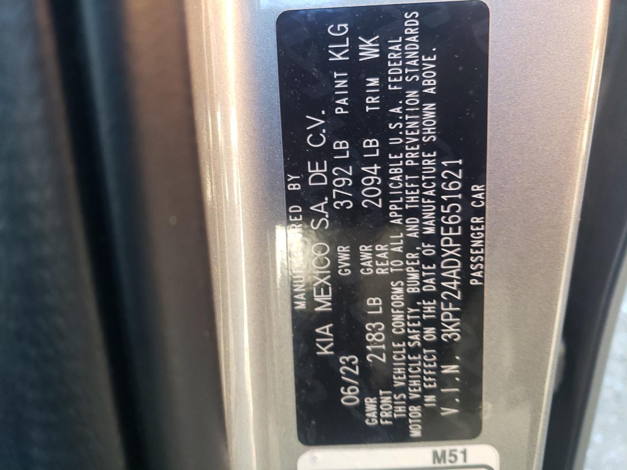 2023 KIA FORTE LX VIN:3KPF24ADXPE651621