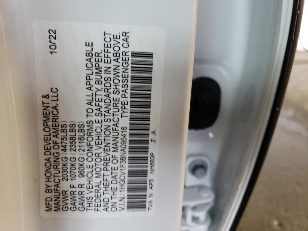 2022 HONDA ACCORD SPORT VIN:1HGCV1F38NA095416