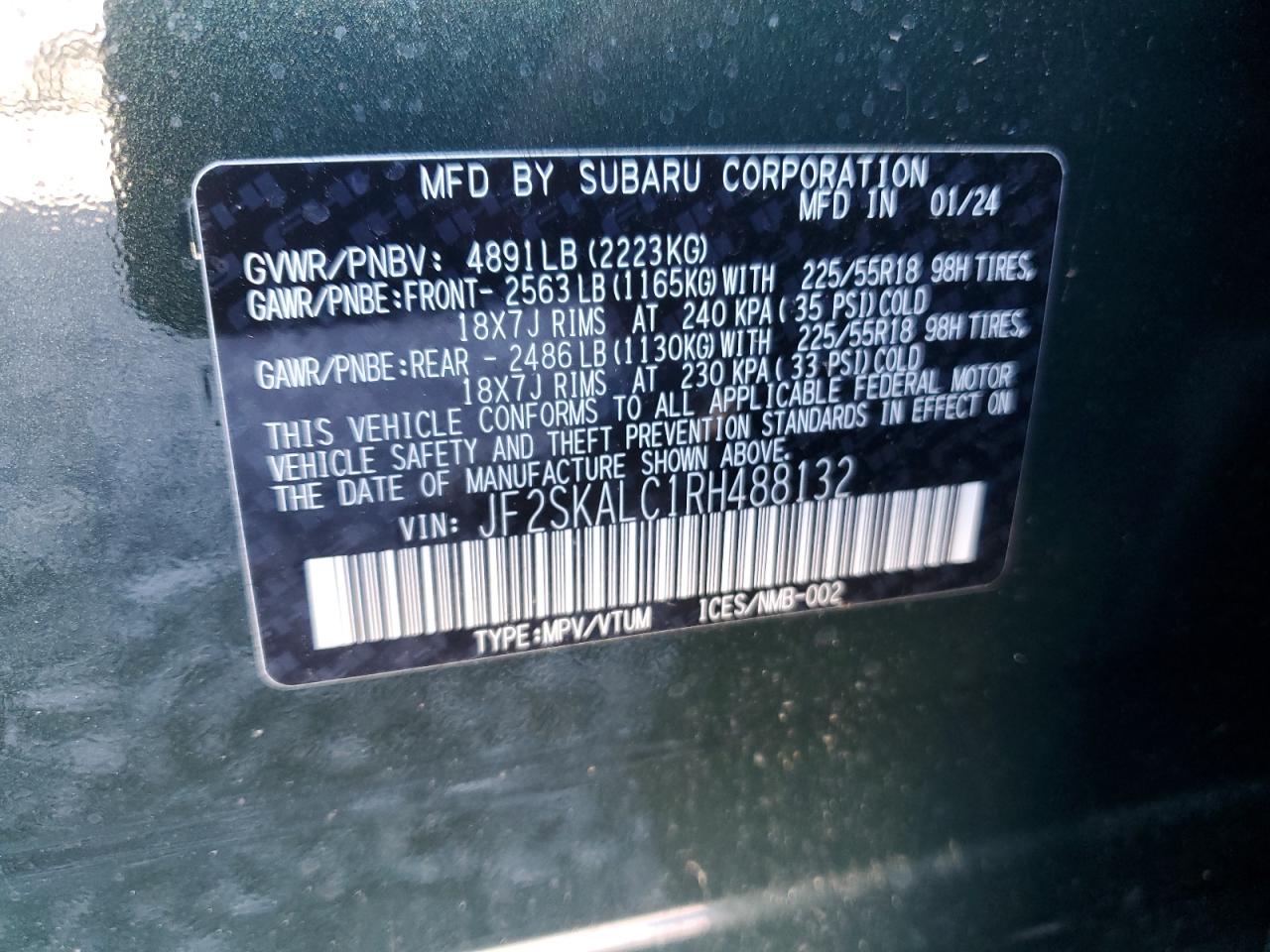 2024 SUBARU FORESTER LIMITED VIN:JF2SKALC1RH488132