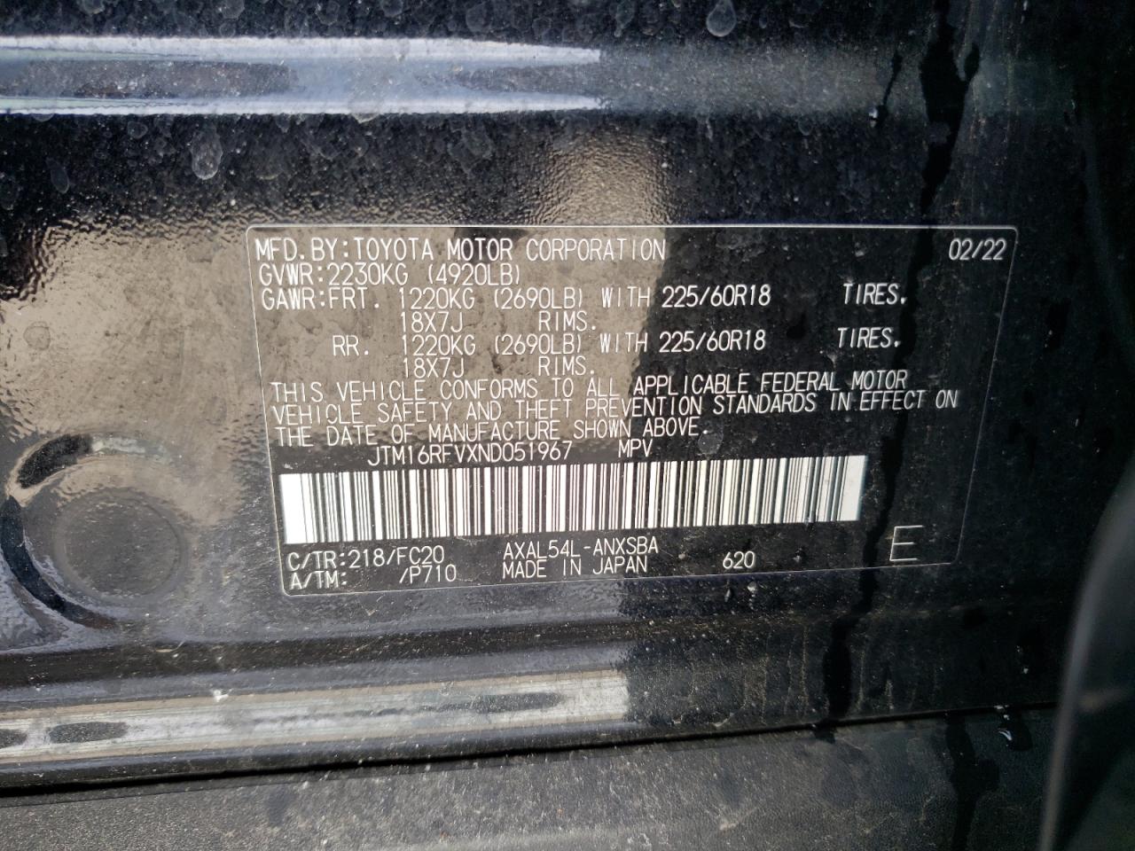 2022 TOYOTA RAV4 SE VIN:JTM16RFVXND051967