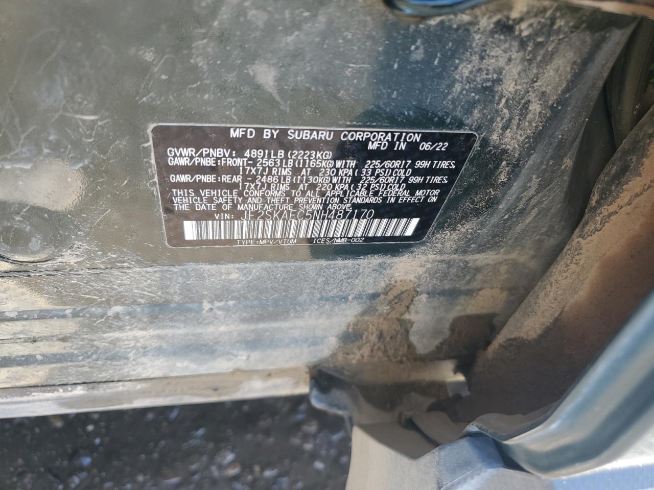 2022 SUBARU FORESTER PREMIUM VIN:JF2SKAEC5NH487170