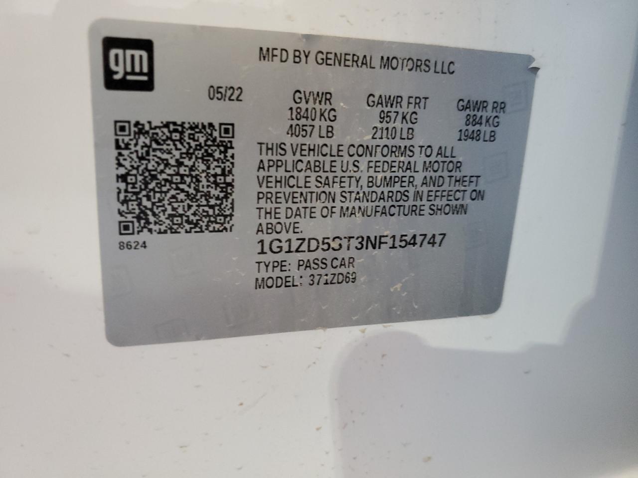 2022 CHEVROLET MALIBU LT VIN:1G1ZD5ST3NF154747