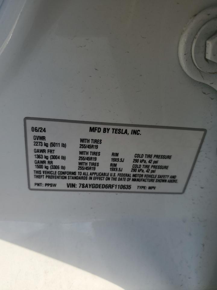 2024 TESLA MODEL Y VIN:7SAYGDED6RF110635