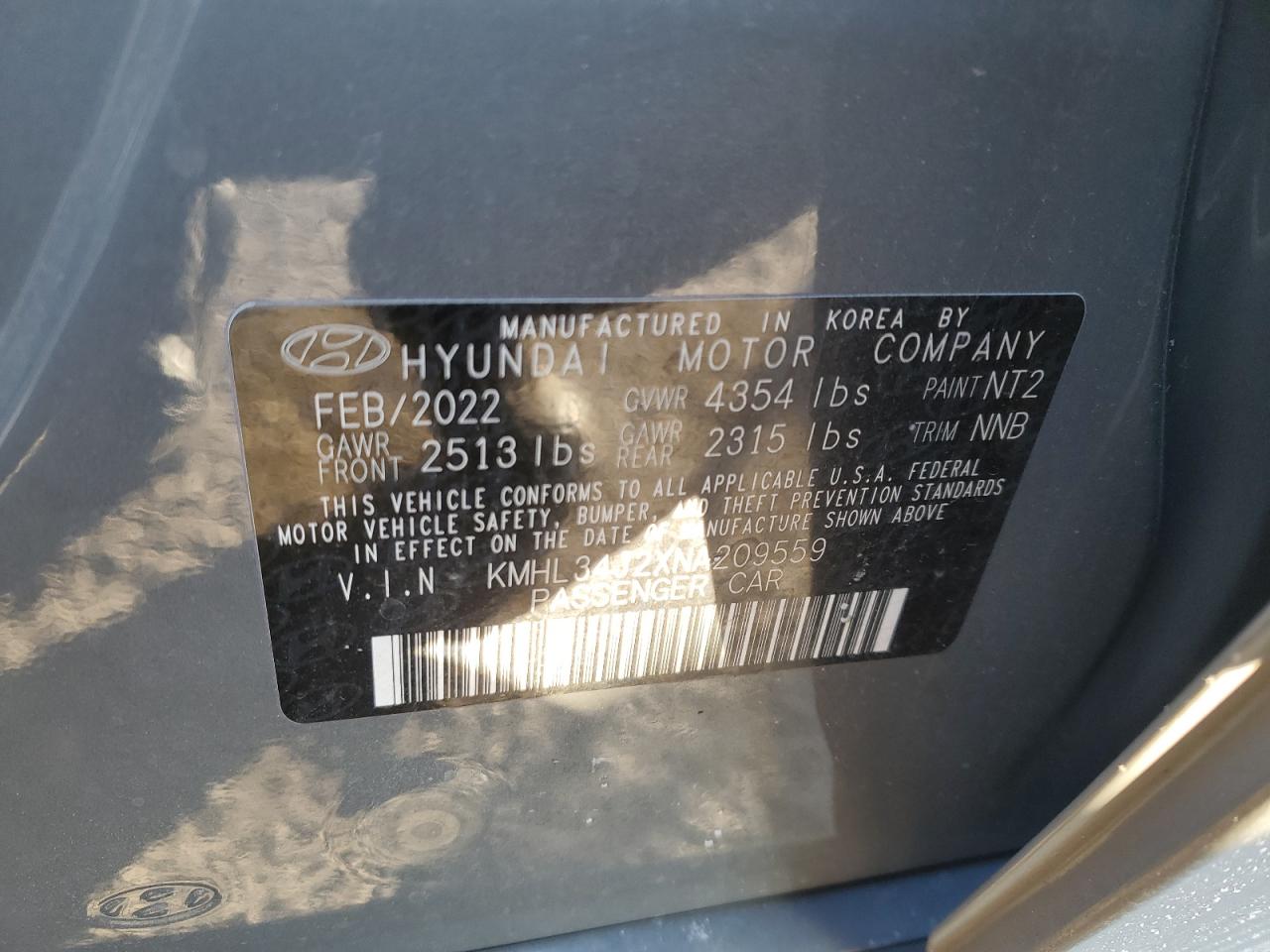 2022 HYUNDAI SONATA LIMITED VIN:KMHL34J2XNA209559