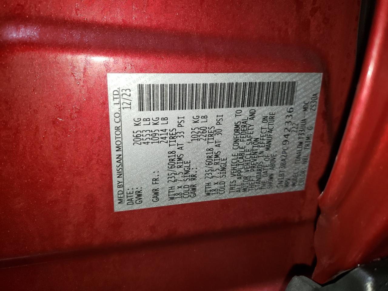 2023 NISSAN ROGUE SV VIN:5N1BT3BA2PC942336