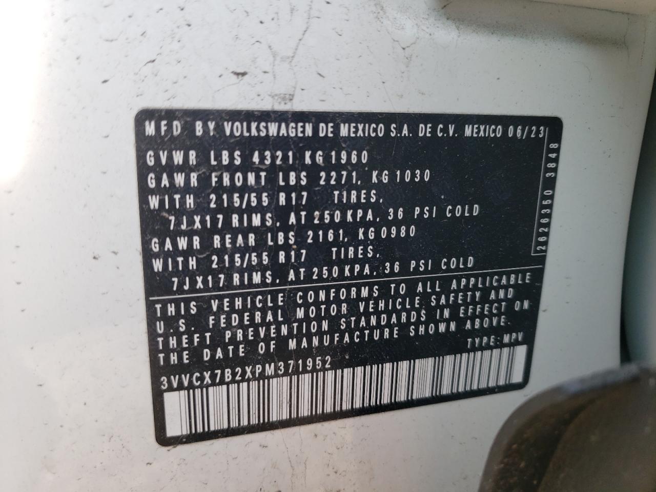 2023 VOLKSWAGEN TAOS S VIN:3VVCX7B2XPM371952