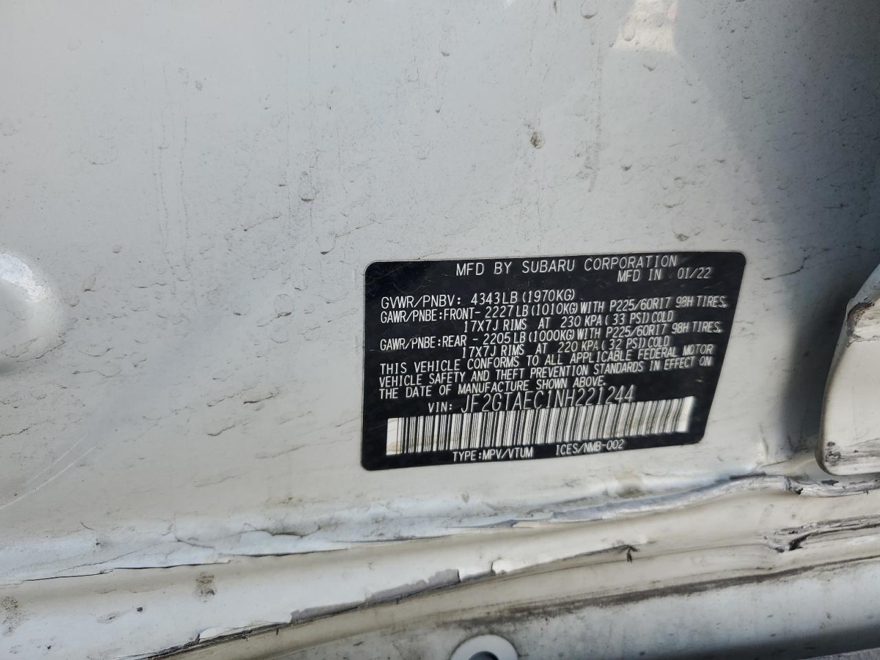 2022 SUBARU CROSSTREK PREMIUM VIN:JF2GTAEC1NH221244