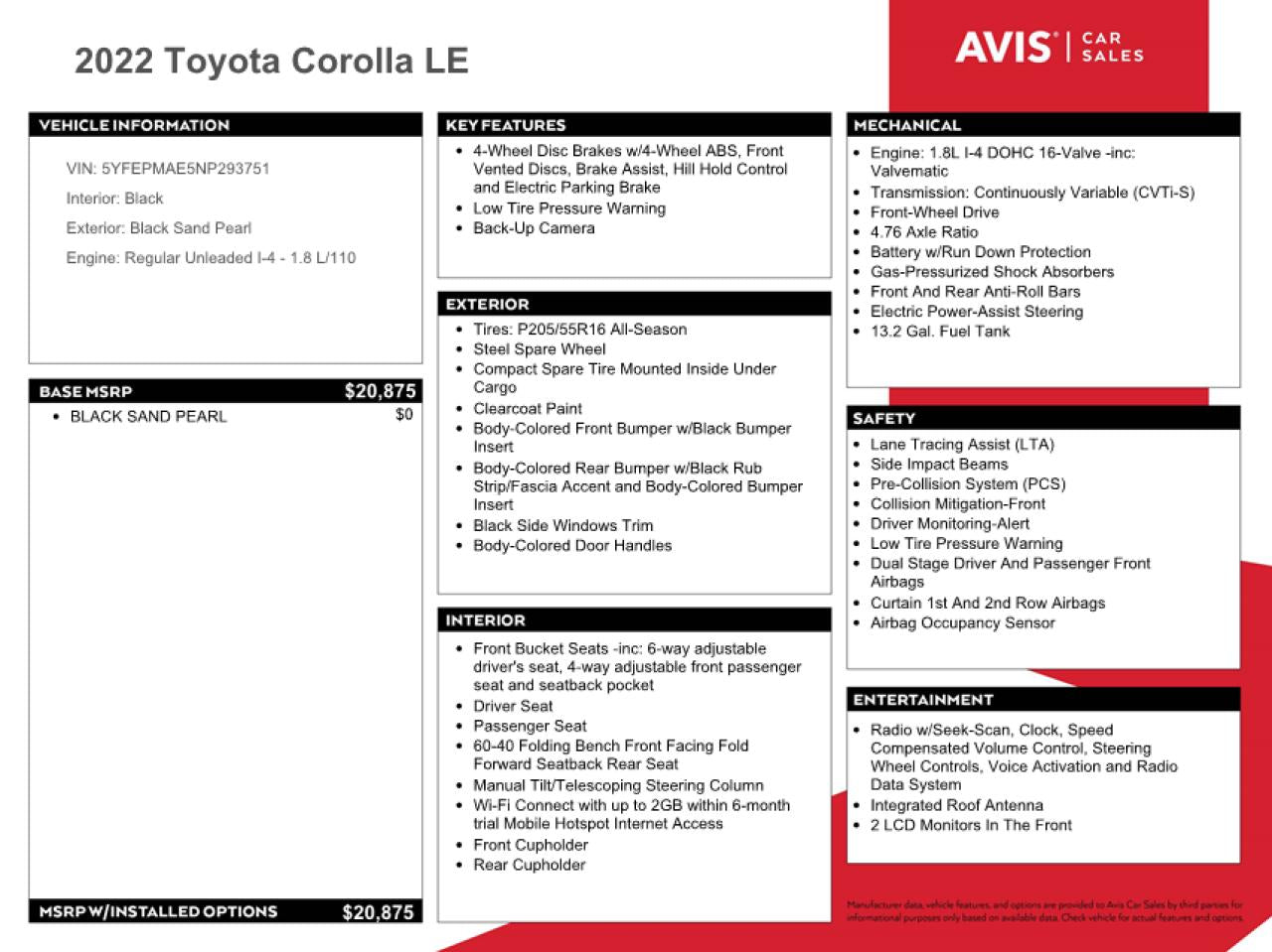 2022 TOYOTA COROLLA LE VIN:5YFEPMAE5NP293751