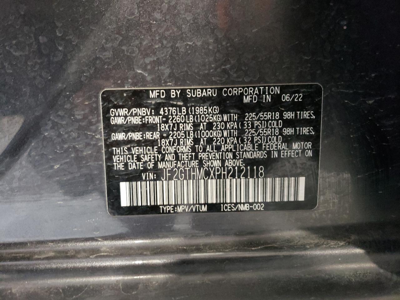 2023 SUBARU CROSSTREK LIMITED VIN:JF2GTHMCXPH212118