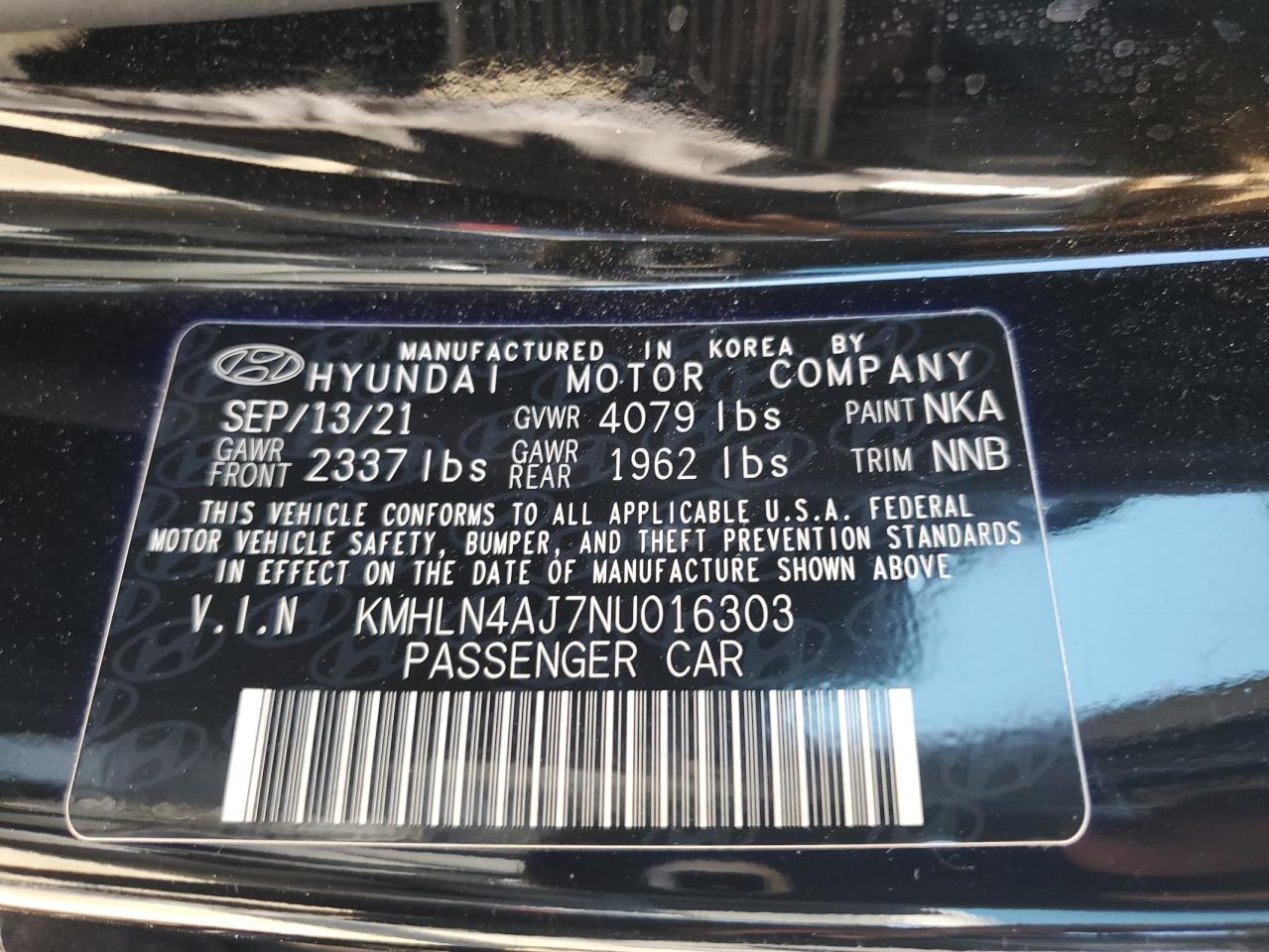 2022 HYUNDAI ELANTRA LIMITED VIN:KMHLN4AJ7NU016303