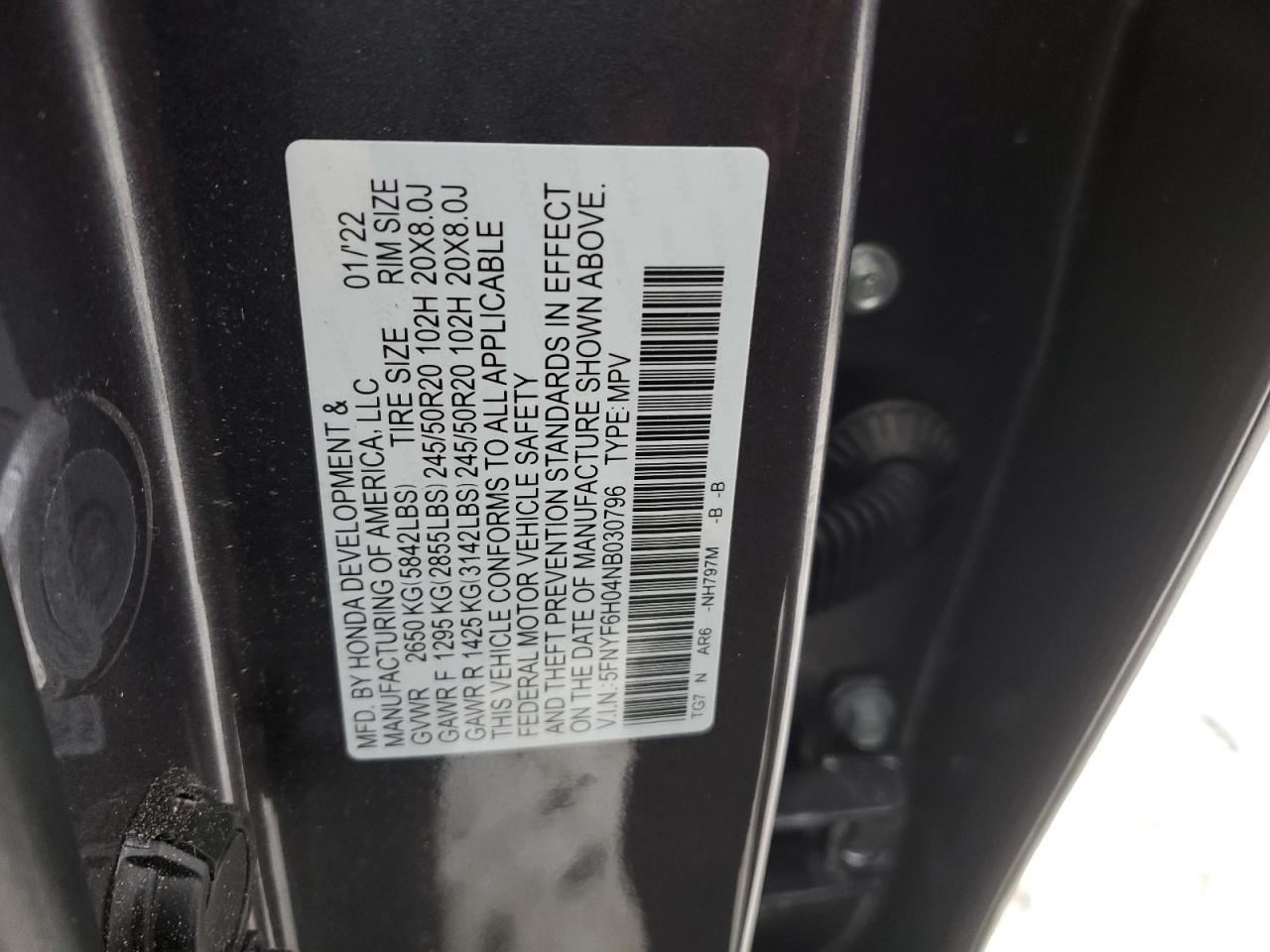 2022 HONDA PILOT ELITE VIN:5FNYF6H04NB030796