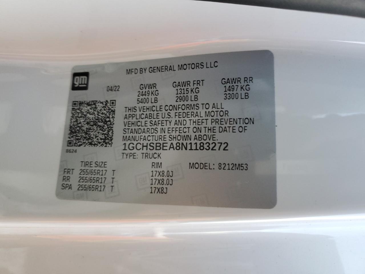 2022 CHEVROLET COLORADO  VIN:1GCHSBEA8N1183272