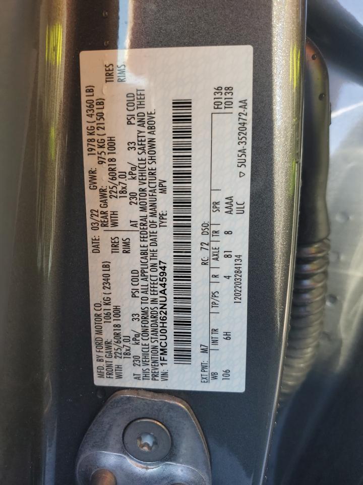 2022 FORD ESCAPE SEL VIN:1FMCU0H62NUA45947
