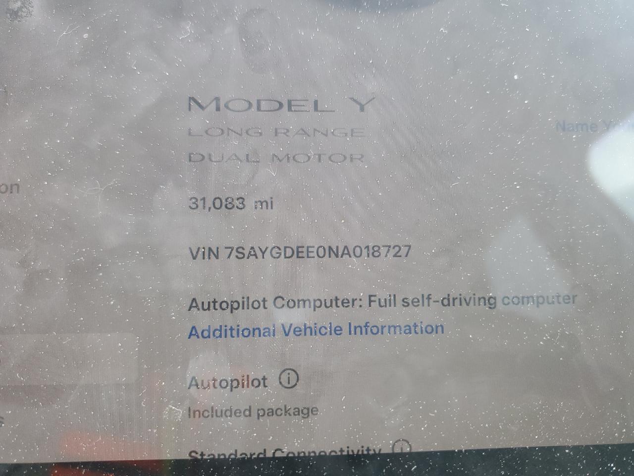 2022 TESLA MODEL Y  VIN:7SAYGDEE0NA018727