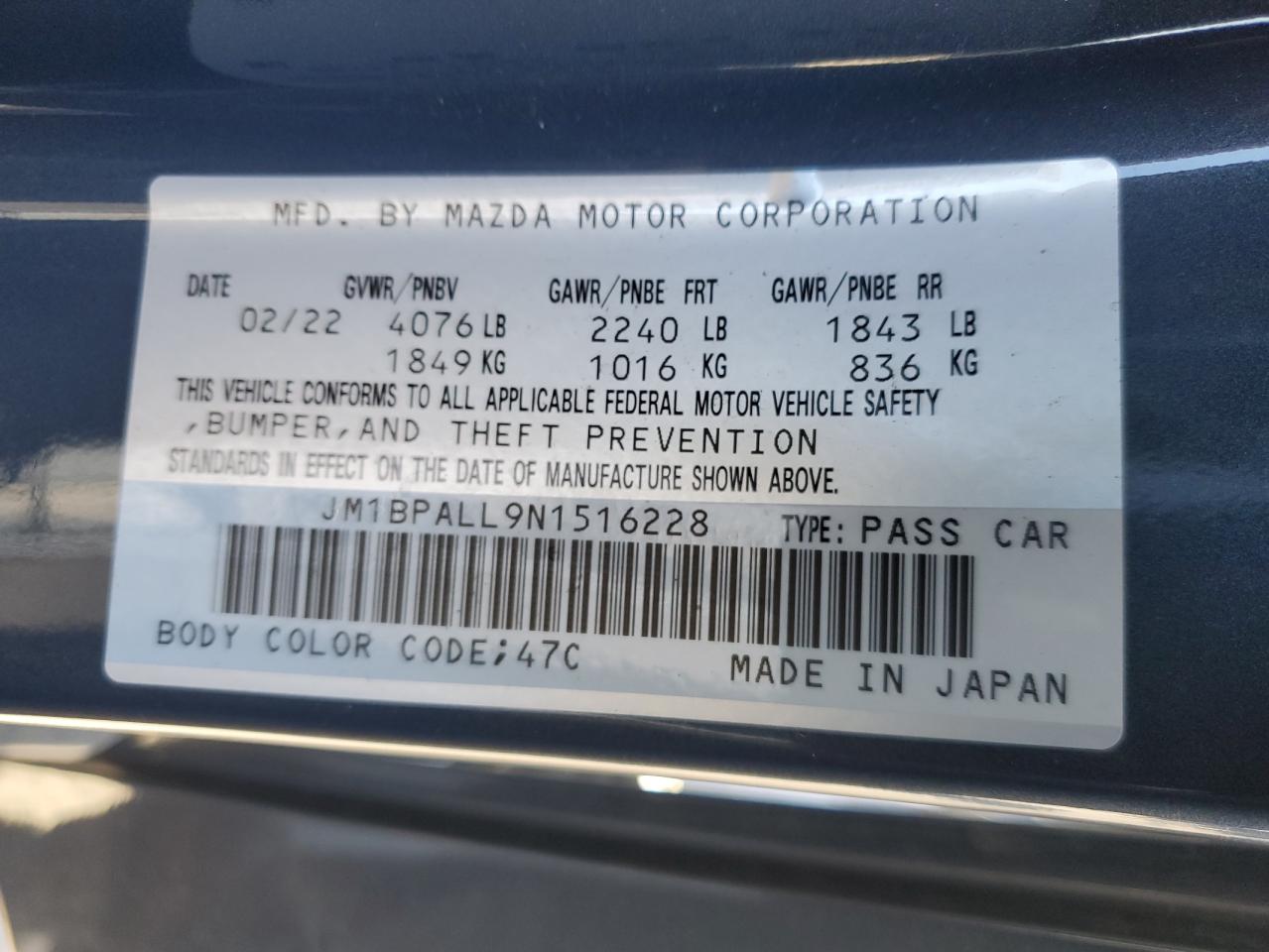 2022 MAZDA 3 PREFERRED VIN:JM1BPALL9N1516228