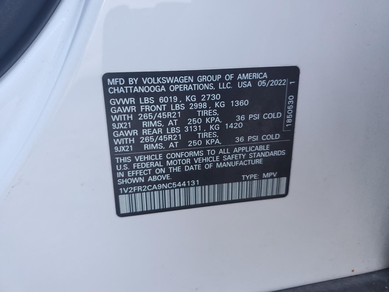 2022 VOLKSWAGEN ATLAS SEL PREMIUM R-LINE VIN:1V2FR2CA9NC544131