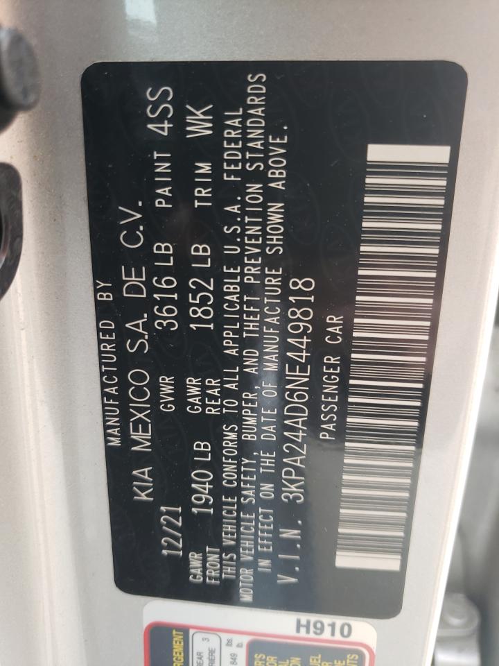 2022 KIA RIO LX VIN:3KPA24AD6NE449818