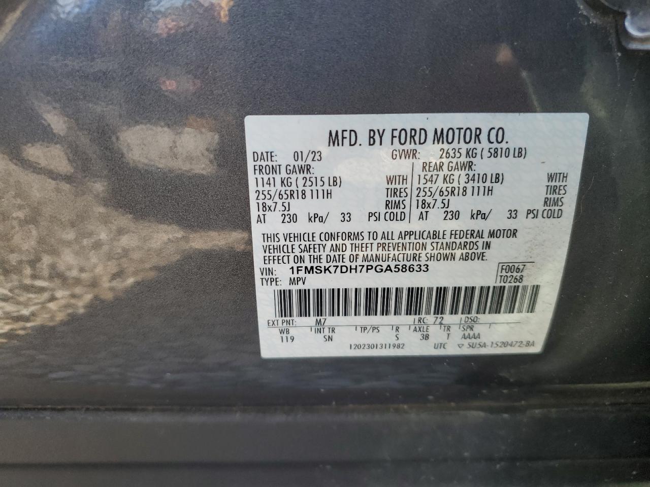 2023 FORD EXPLORER XLT VIN:1FMSK7DH7PGA58633