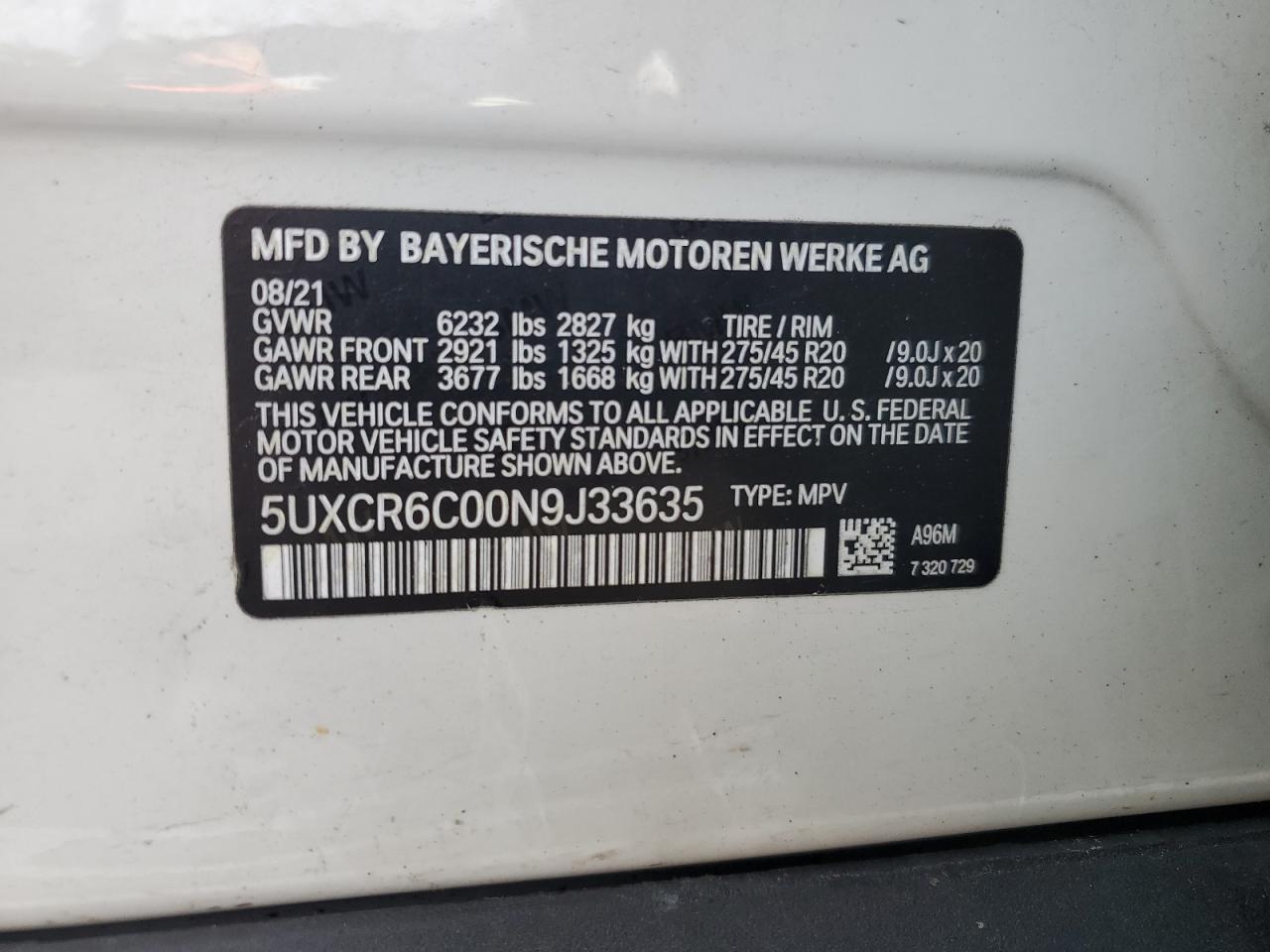 2022 BMW X5 XDRIVE40I VIN:5UXCR6C00N9J33635