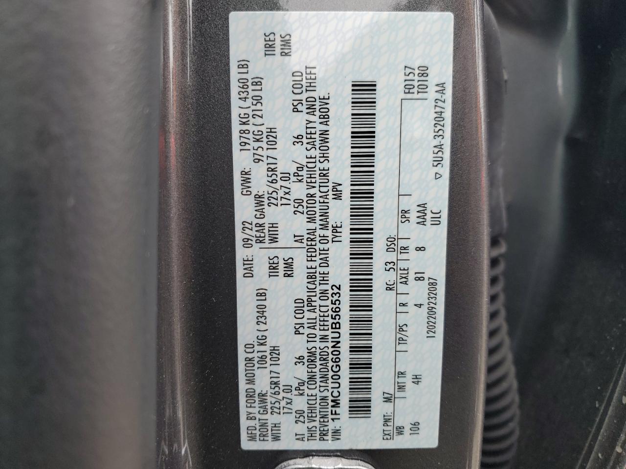 2022 FORD ESCAPE SE VIN:1FMCU0G60NUB56532