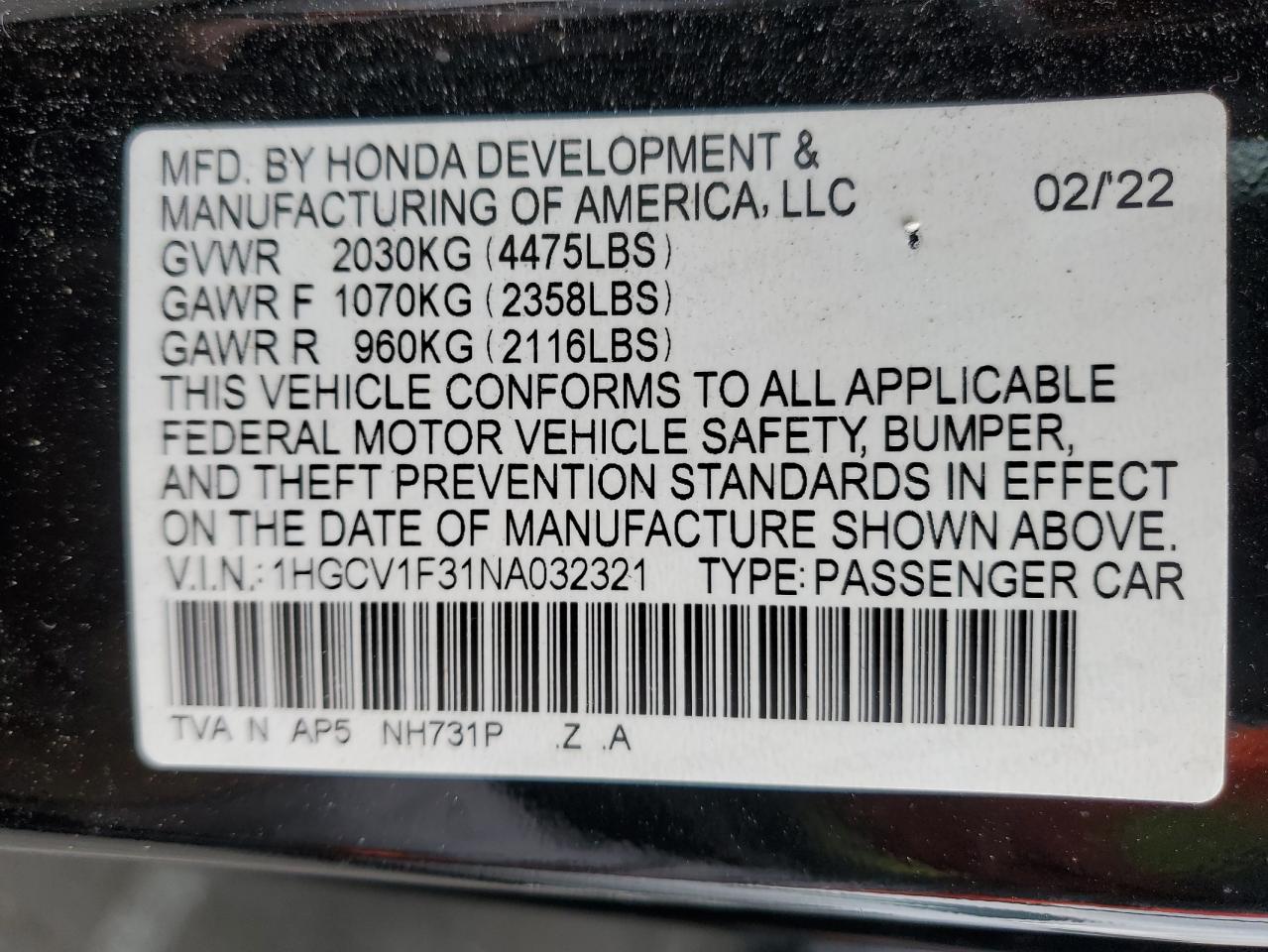 2022 HONDA ACCORD SPORT VIN:1HGCV1F31NA032321