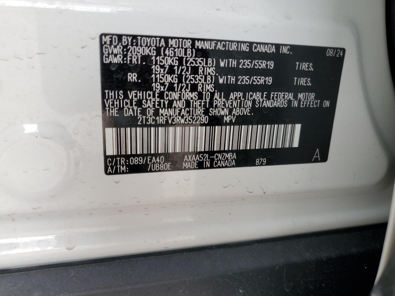2024 TOYOTA RAV4 XLE PREMIUM VIN:2T3C1RFV3RW352290