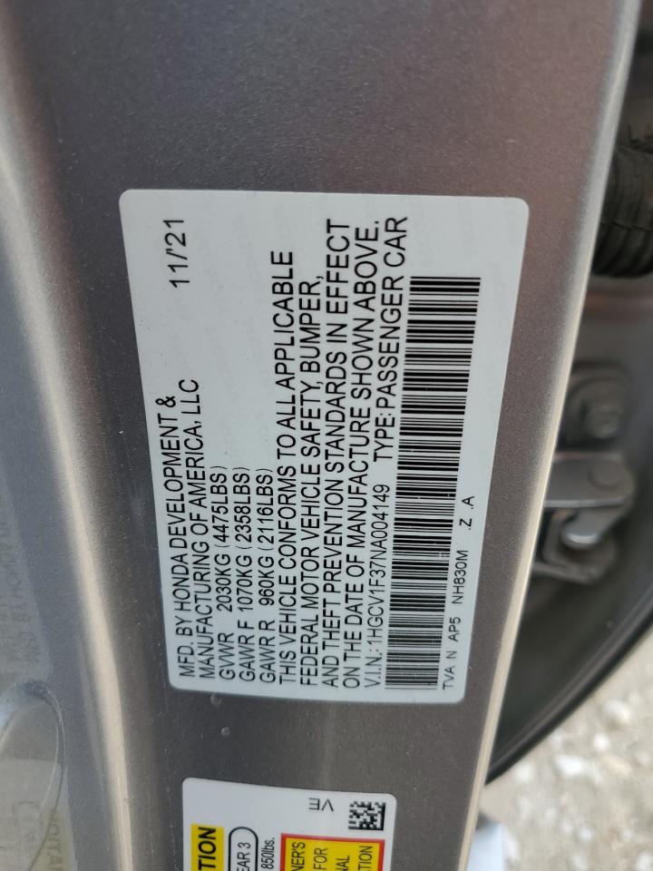 2022 HONDA ACCORD SPORT VIN:1HGCV1F37NA004149