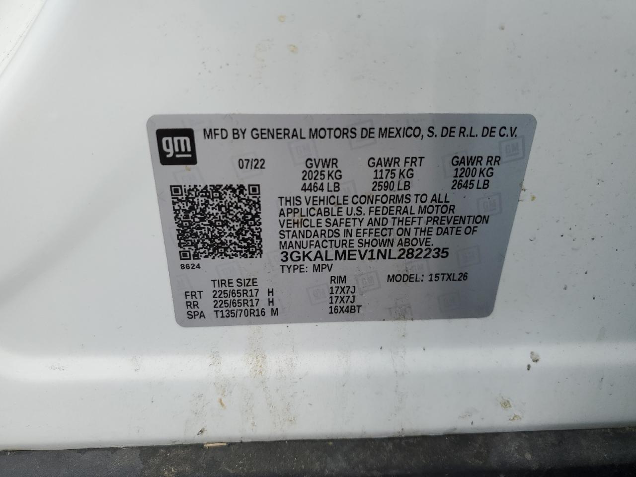 2022 GMC TERRAIN SLE VIN:3GKALMEV1NL282235