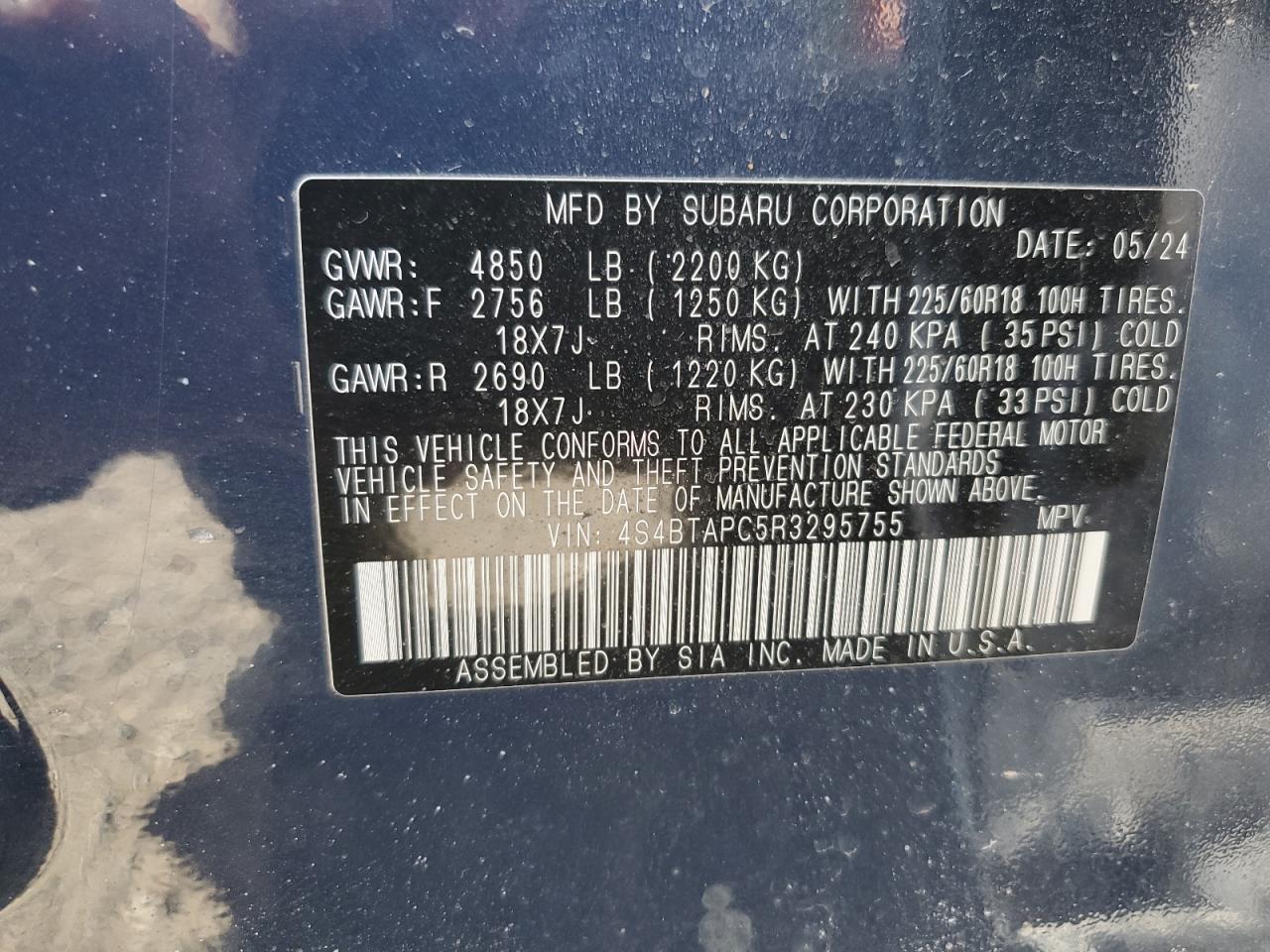 2024 SUBARU OUTBACK TOURING VIN:4S4BTAPC5R3295755