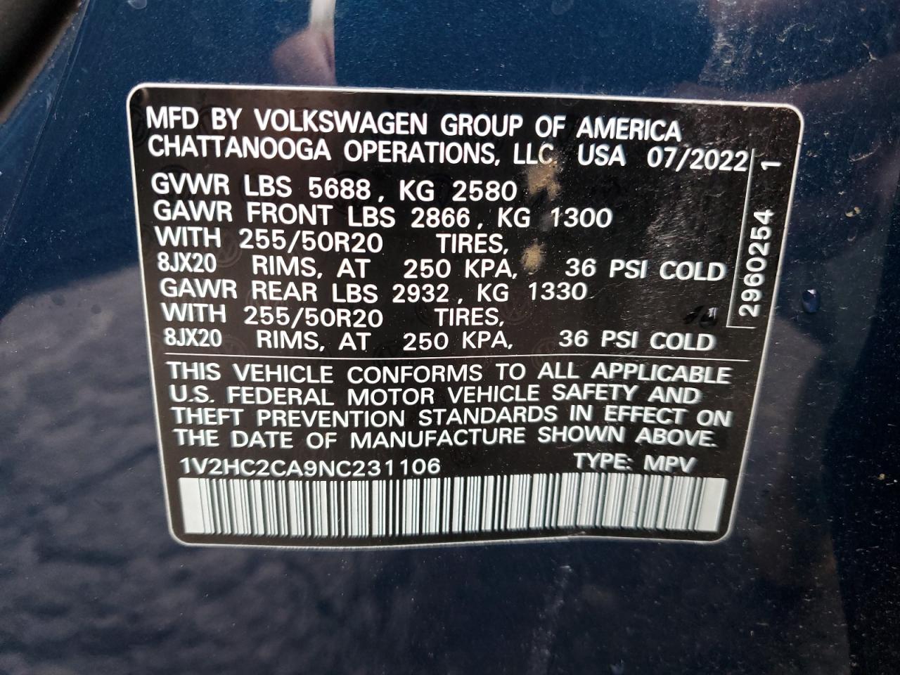 2022 VOLKSWAGEN ATLAS CROSS SPORT SE VIN:1V2HC2CA9NC231106