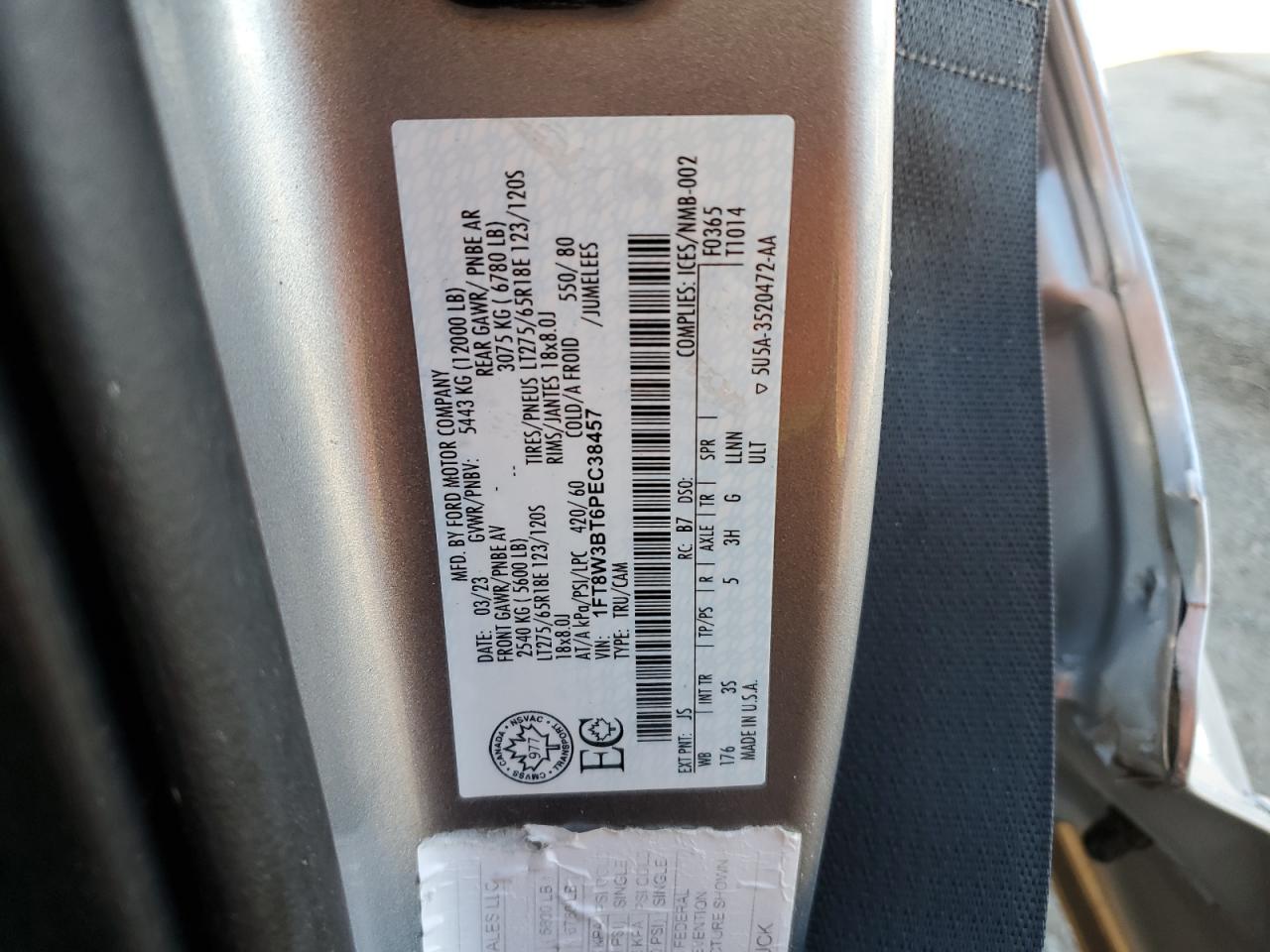 2023 FORD F350 SUPER DUTY VIN:1FT8W3BT6PEC38457