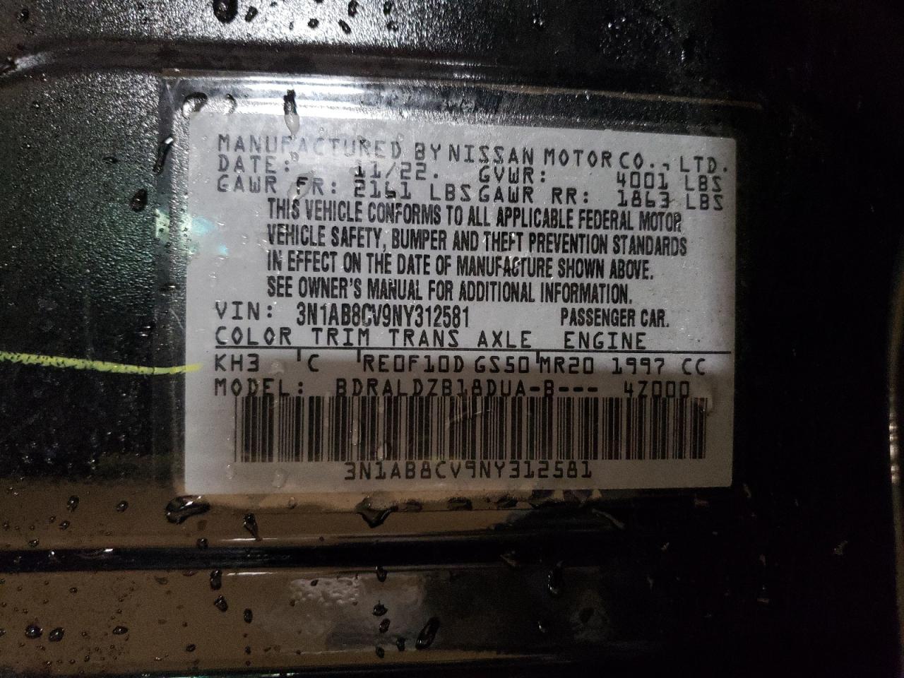 2022 NISSAN SENTRA SV VIN:3N1AB8CV9NY312581
