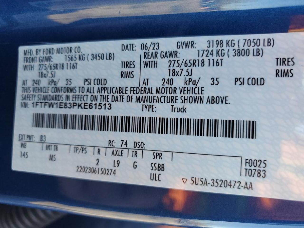 2023 FORD F150 SUPERCREW VIN:1FTFW1E83PKE61513