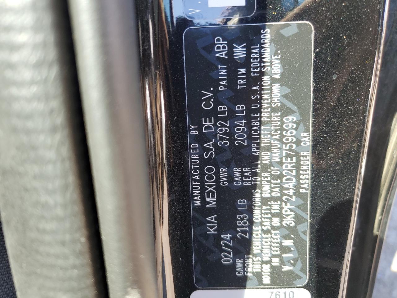 2024 KIA FORTE LX VIN:3KPF24AD2RE759699