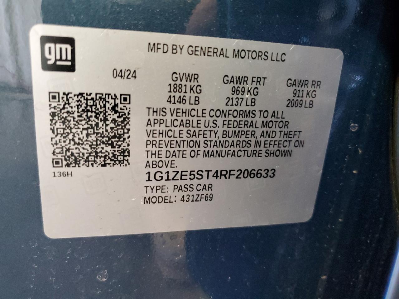 2024 CHEVROLET MALIBU PREMIER VIN:1G1ZE5ST4RF206633