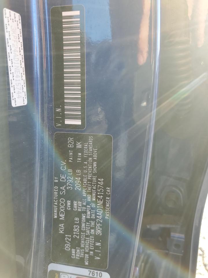 2022 KIA FORTE FE VIN:3KPF24AD1NE415744