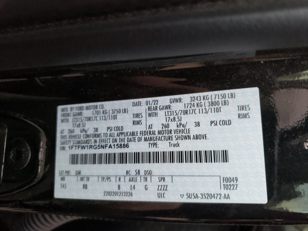 2022 FORD F150 RAPTOR VIN:1FTFW1RG5NFA15886